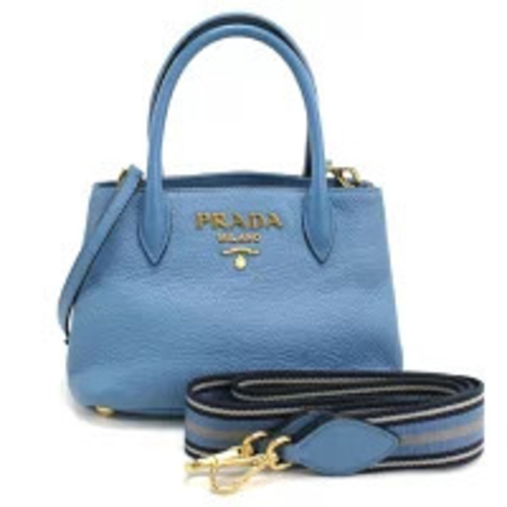 Prada blue Vitello Daino leather tote lettering striped